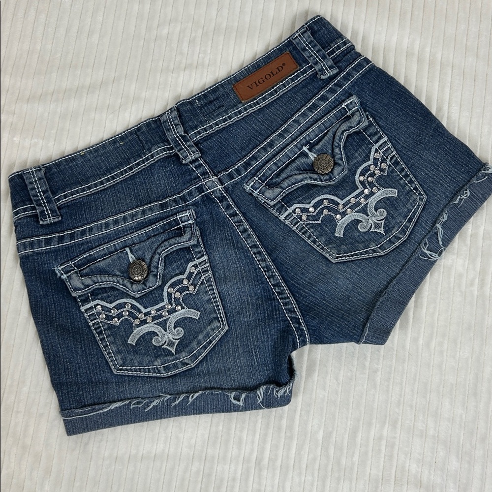 Vigold retro button flap bling back pocket cuffed denim jean shorts size 3/4 27